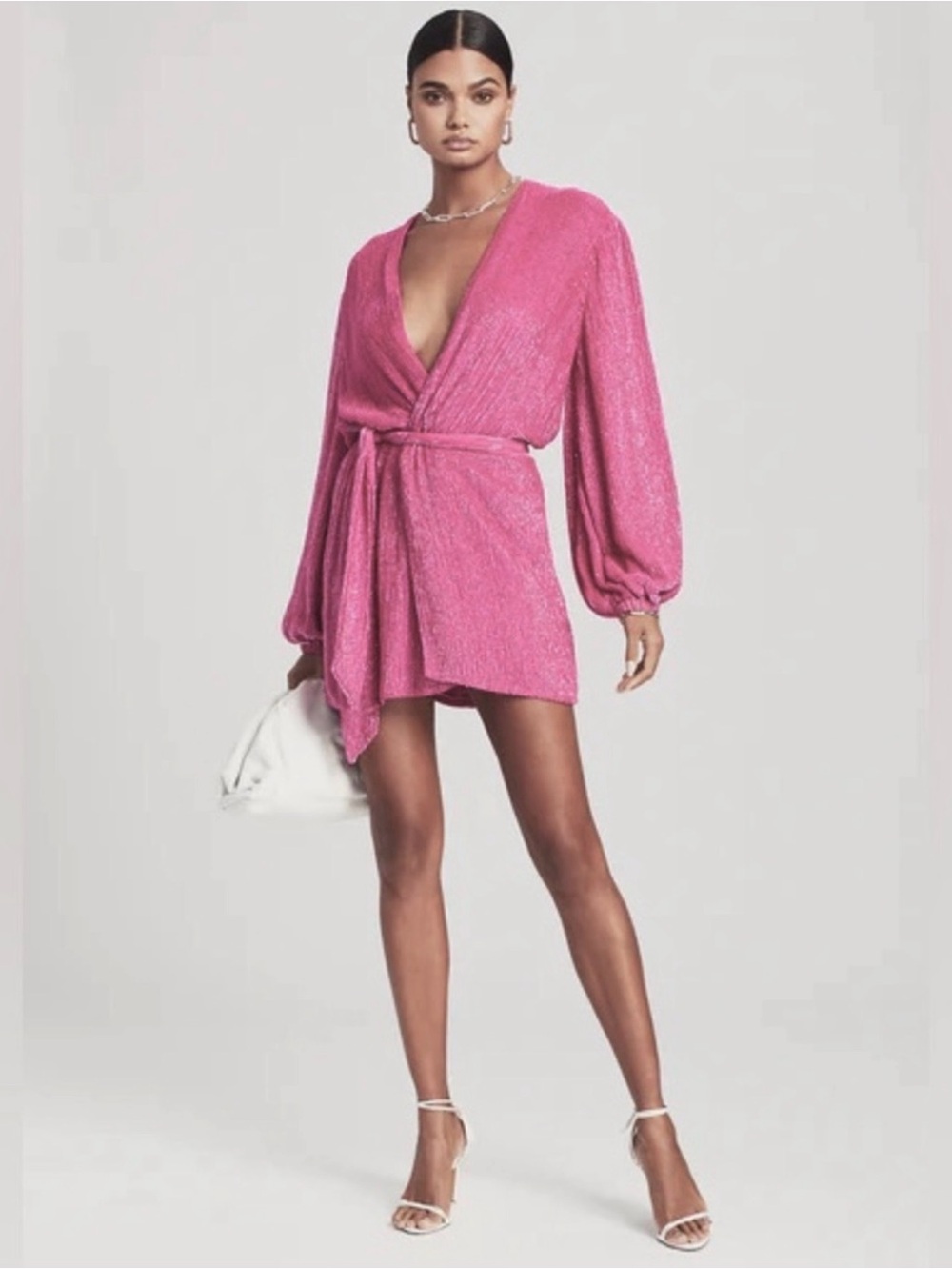 Retrofete Pink Sequin Wrap Mini Dress with Full sleeves
